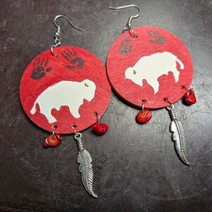 Hand-Painted Red Buffalo Wood Drop Earrings with Feather Charm